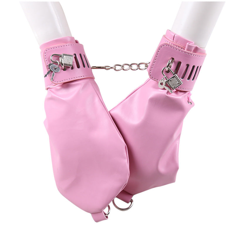 PU Leather Padded Bondage Mitts with Locking Straps & Connecting Chain - Playful Adult Set(Pink)