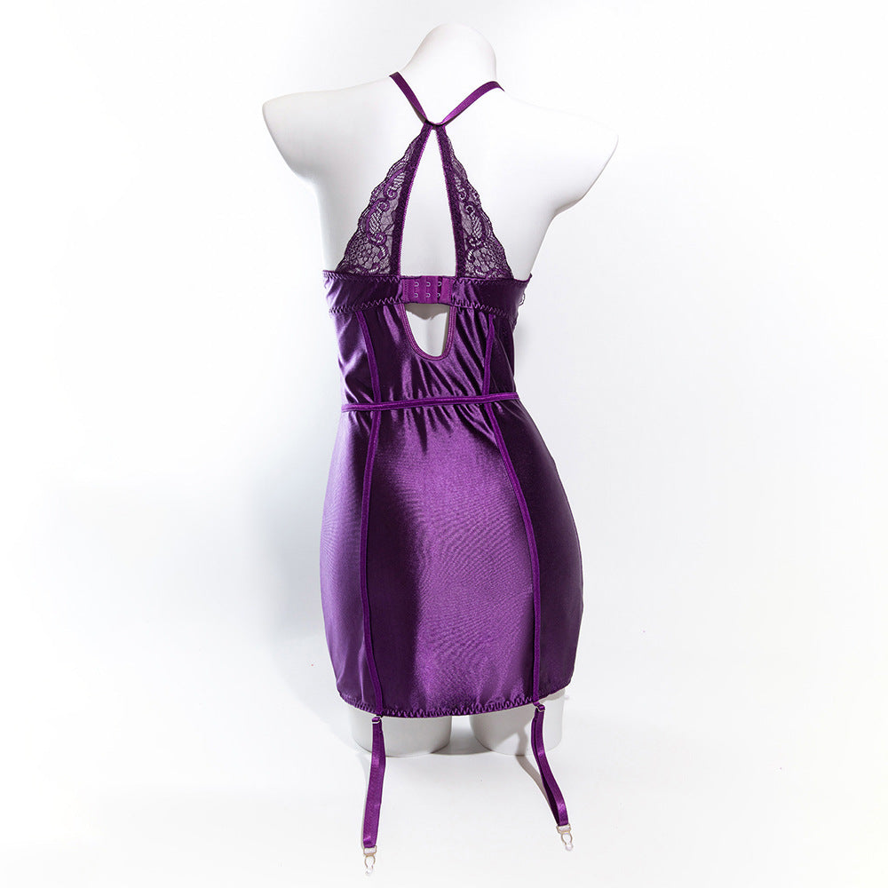 Size S Seductive Purple Lace & Satin Corset Lingerie Dress - Strapless Bustier with Halter Neck & Garters