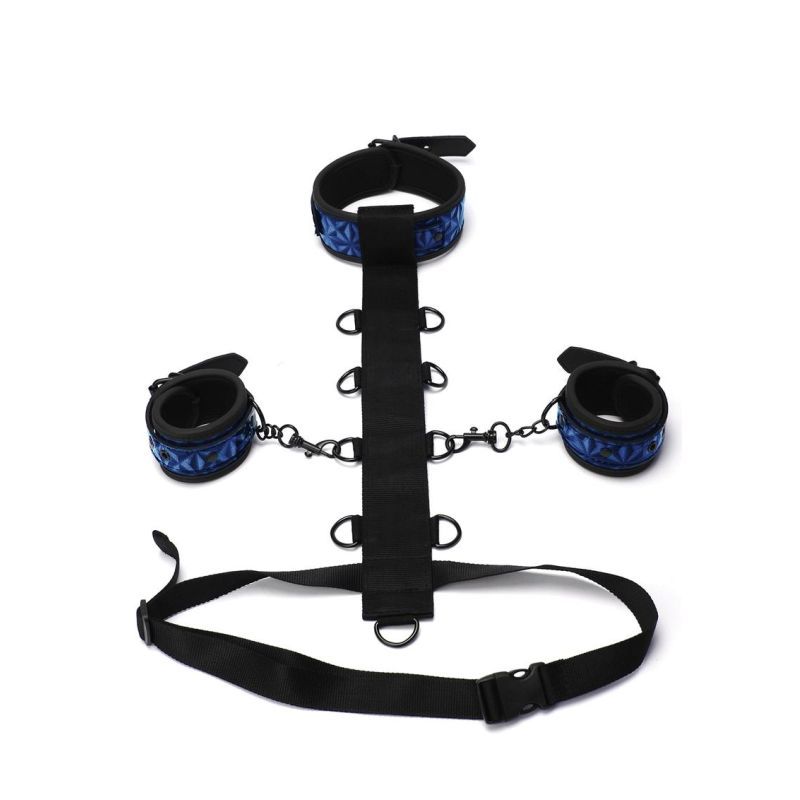 Whip Smart Diamond Body Restraint Choker Style Collar Rings Padded Wrist Cuffs 3 Pc Set - Blue