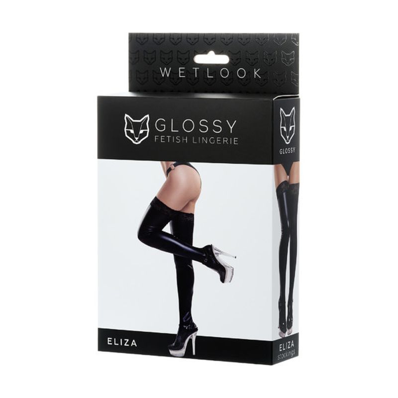 Glossy Wetlook Stockings Lace Insert Eliza - Black - Extra Large