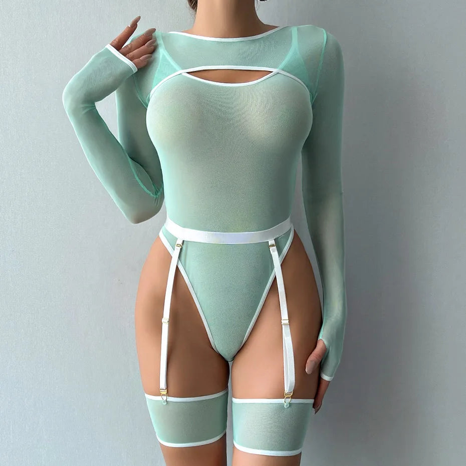 Alluring Transparent Bodysuit Open Crotch Teddy Nightgown For Women - Light Green - S