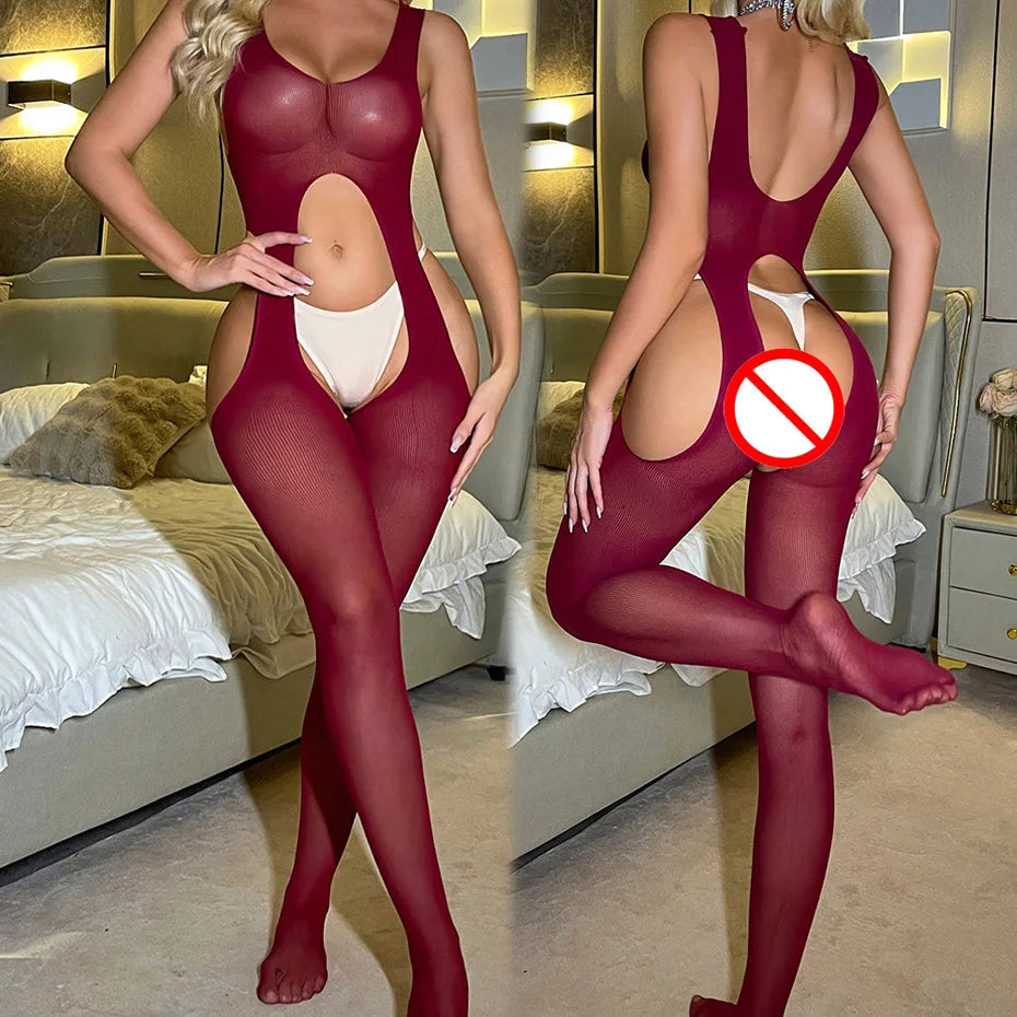 Leopard Fishnet Bodystocking Alluring Open Crotch Lingerie For Women - W829-Wine Red