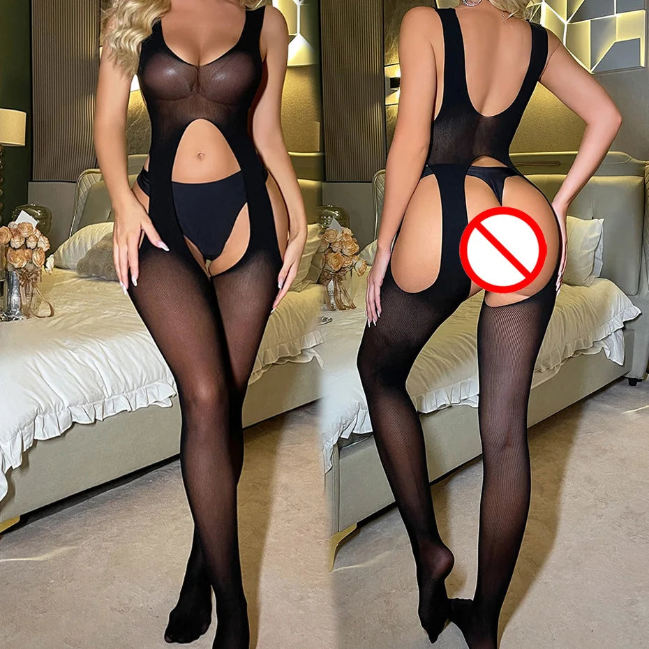 Leopard Fishnet Bodystocking Alluring Open Crotch Lingerie For Women - W829-Wine Red