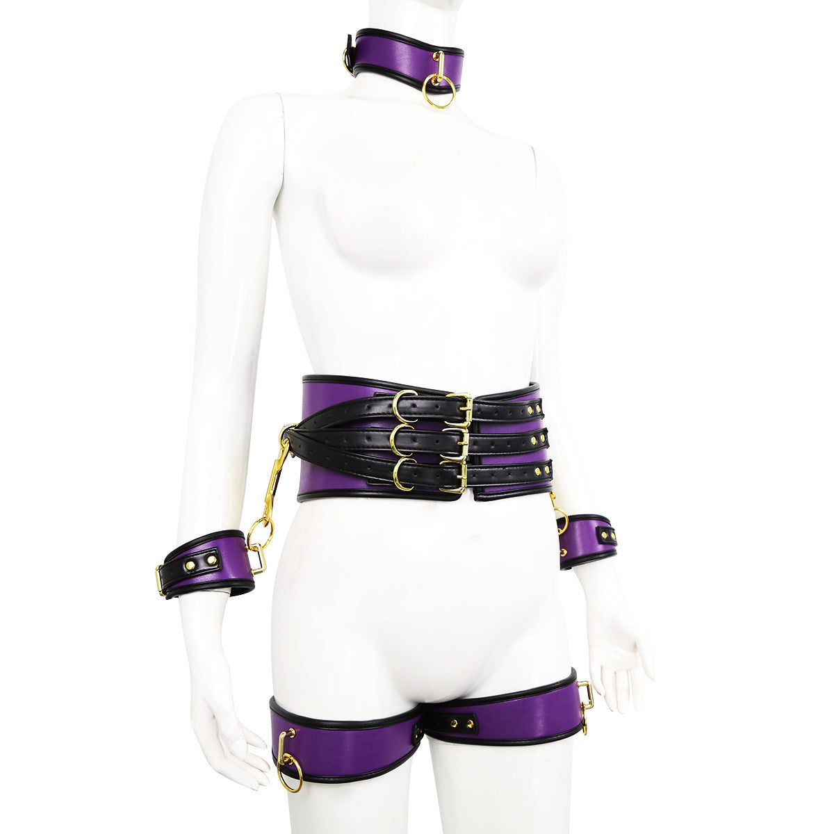 Adjustable PU Leather Bondage Restraint Set - Collar, Waist Belt, Hand & Leg Cuffs with Connectors(purple)