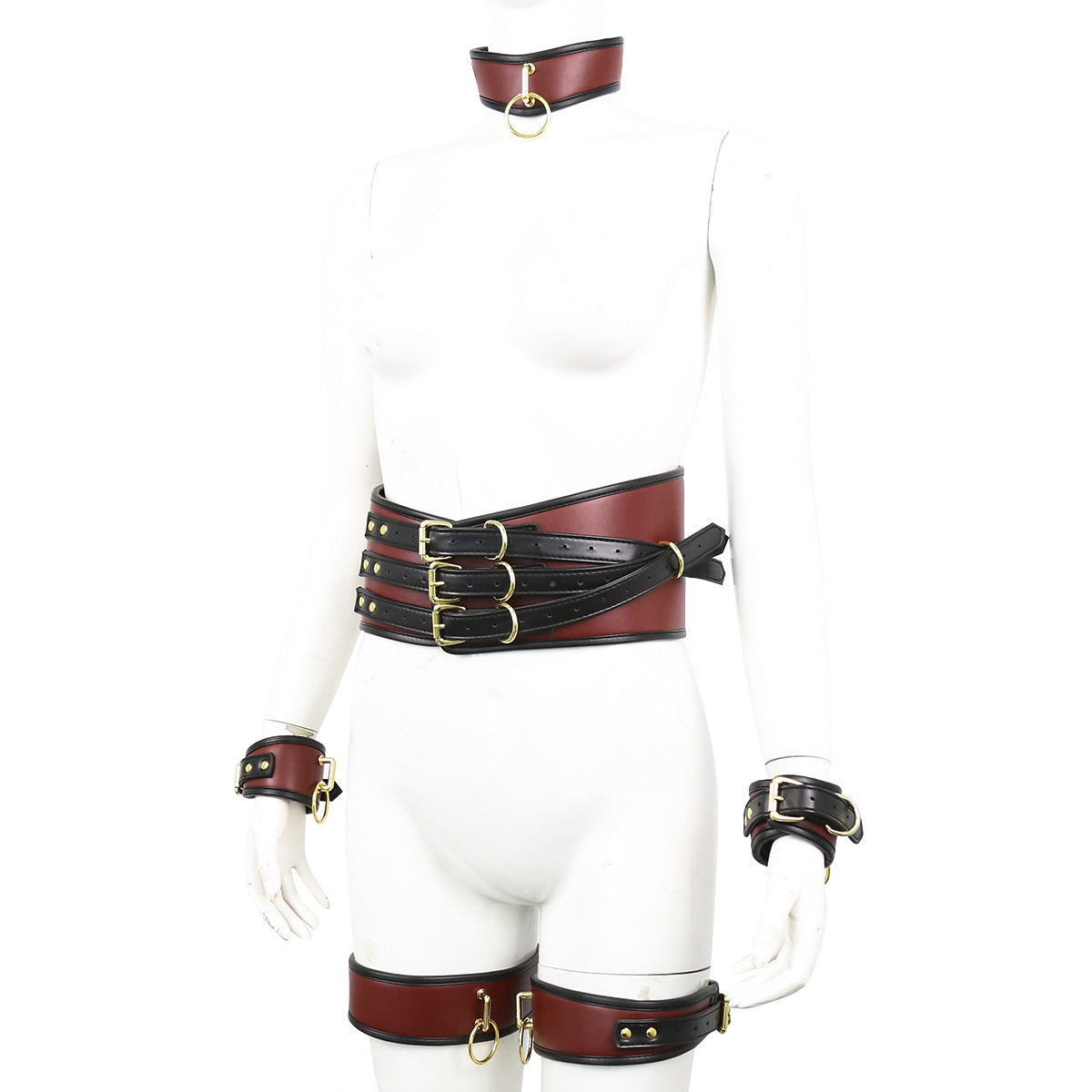 Adjustable PU Leather Bondage Restraint Set - Collar, Waist Belt, Hand & Leg Cuffs with Connectors(red)