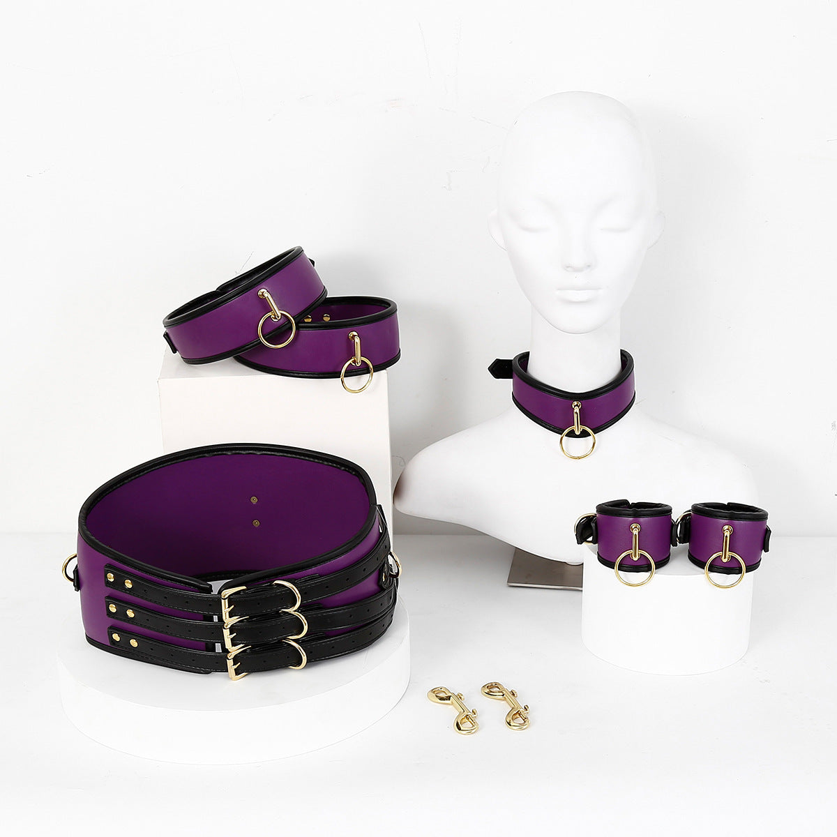 Adjustable PU Leather Bondage Restraint Set - Collar, Waist Belt, Hand & Leg Cuffs with Connectors(red)