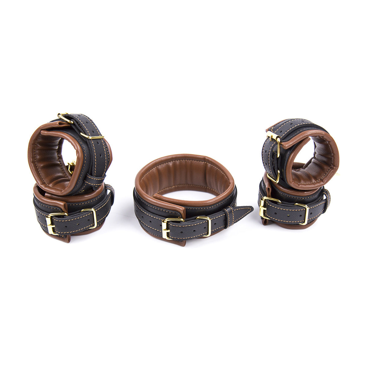 Premium PU Leather Adjustable Padded Collar, Handcuffs & Ankle Cuffs Set with Leash/Connectors(Brown)
