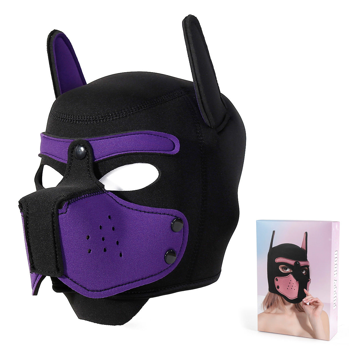 Playful Puppy Hood Mask - Soft Neoprene Full Head Cosplay & SM Accessory(Purple)