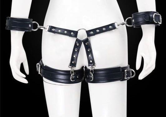 Adjustable PU Leather X-Harness Restraint Set with Cuffs - Playful Bondage Accessory(Brilliant leather blue)