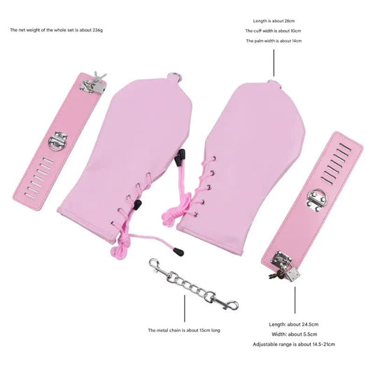 PU Leather Padded Bondage Mitts with Locking Straps & Connecting Chain - Playful Adult Set(Pink)