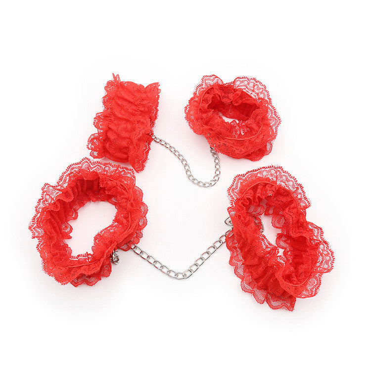 7-Piece Lace & Feather Playful Lingerie Accessory Set - Cuffs, G-String, Tickler &Nipple stickers(red)