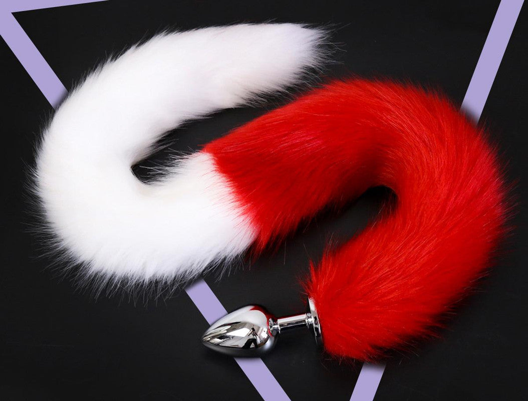 Extra Long Faux Fur Tail with Metal Anal Plug - Playful Cosplay & Adult Novelty Accessory(White and red-small)