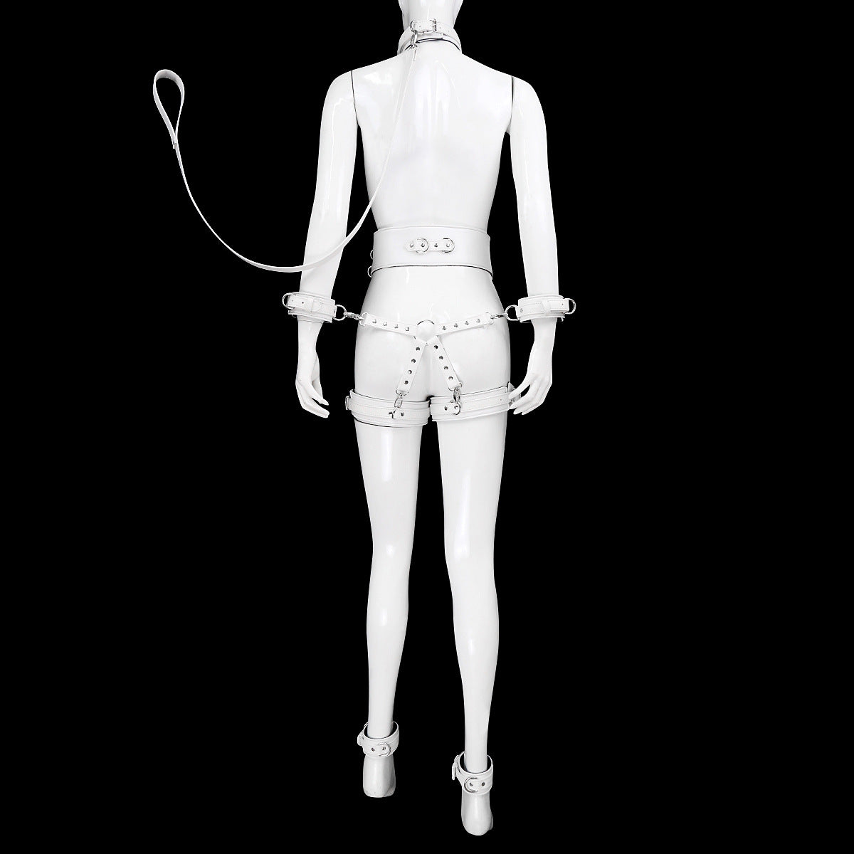 Full Body PU Leather Bondage Restraint Set with Collar, Leash, Cuffs & Harness - Adjustable Adult Play(White)