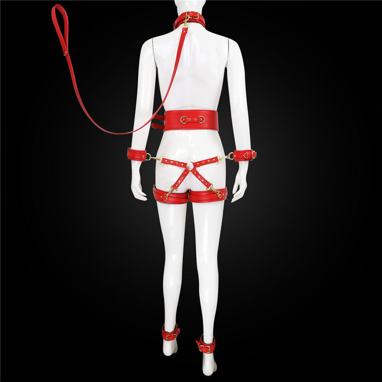 Full Body PU Leather Bondage Restraint Set with Collar, Leash, Cuffs & Harness - Adjustable Adult Play(Red)