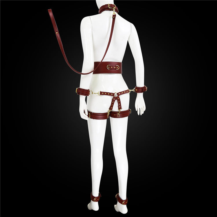Full Body PU Leather Bondage Restraint Set with Collar, Leash, Cuffs & Harness - Adjustable Adult Play(Coffee)
