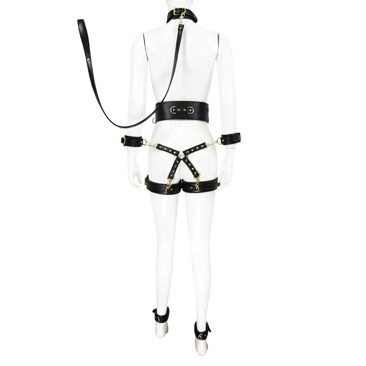 Full Body PU Leather Bondage Restraint Set with Collar, Leash, Cuffs & Harness - Adjustable Adult Play(Black)