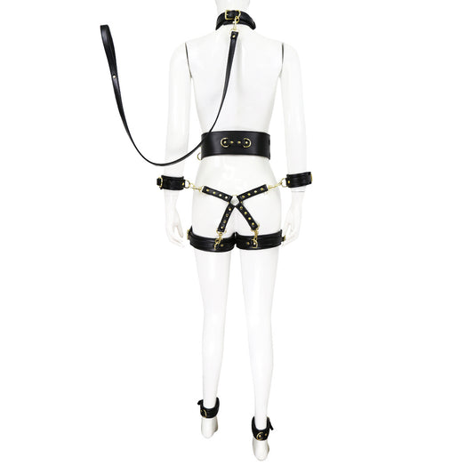 Full Body PU Leather Bondage Restraint Set with Collar, Leash, Cuffs & Harness - Adjustable Adult Play(Black)
