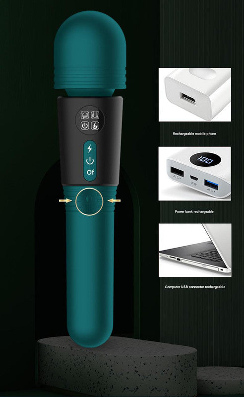 (Green) Powerful Dual Stimulation Wand Vibrator - Heated Tip, Multi-Mode, LCD Display