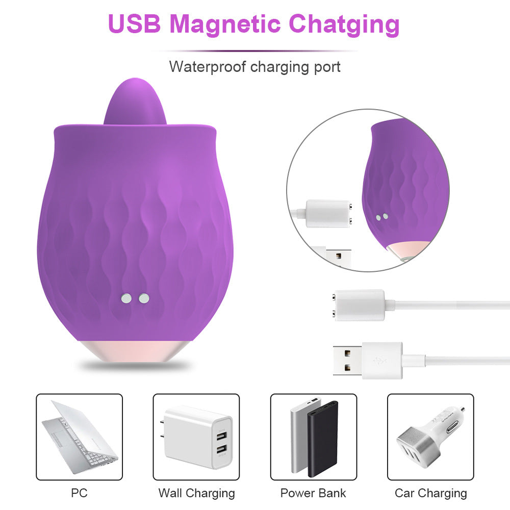Purple Sensual Rosebud Flickering Tongue Vibrator - 10 Speed Clitoral & G-Spot Stimulator, USB Magnetic Charging