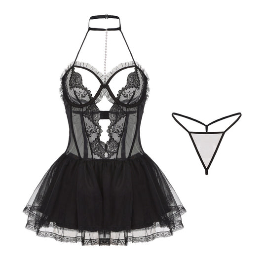 Black Sexy Sheer Lace Nightgown Set - Tempting Lingerie Uniform for Women