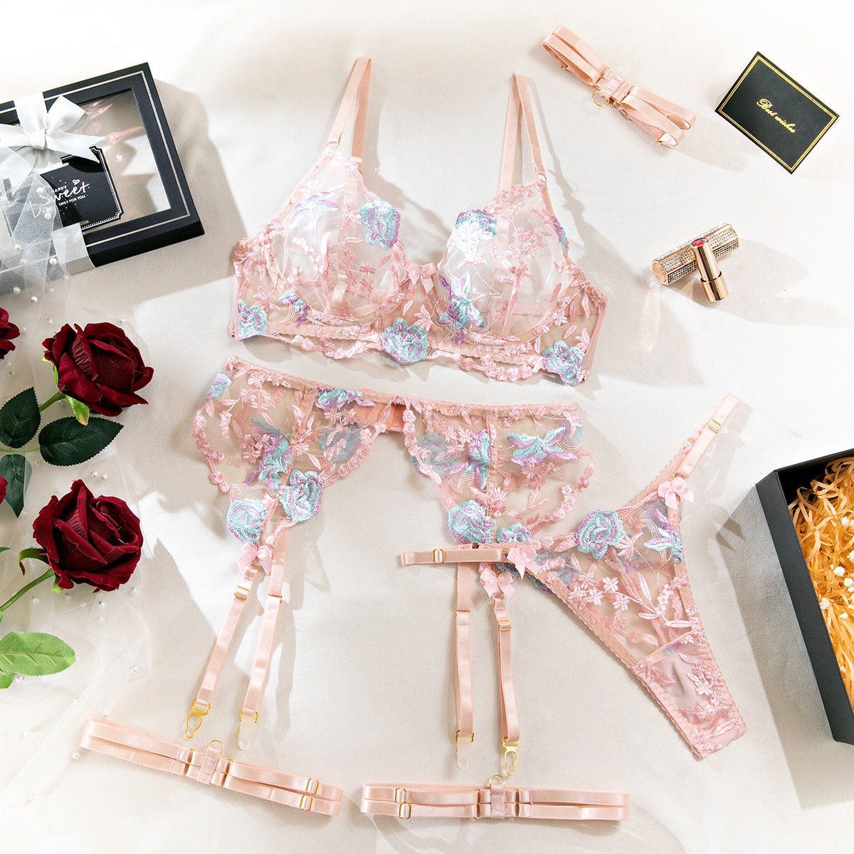 XL Pink Sexy Sheer Floral Embroidery Lingerie Set - Open-Butt Shapewear Five-Piece Set