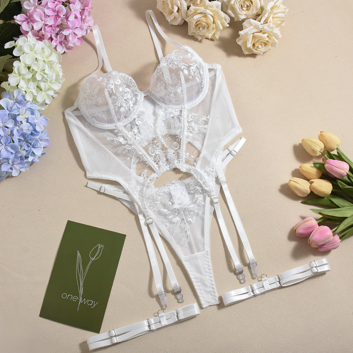 S White 3-Piece Embroidered Lace Lingerie Set with Boned Corset - Seductive Elegance