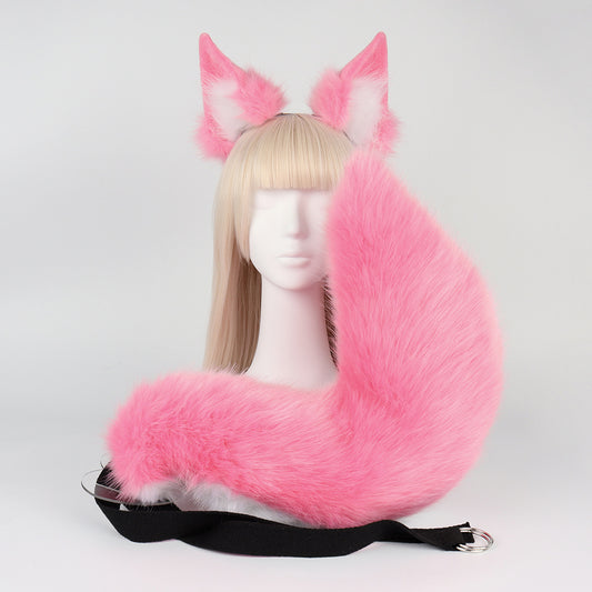 Pink Plush Faux Fur Fox Ears Headband and Tail Set - Realistic Animal Costume for Cosplay & Parties