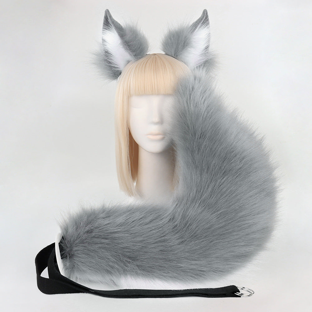 Grey Plush Faux Fur Fox Ears Headband and Tail Set - Realistic Animal Costume for Cosplay & Parties