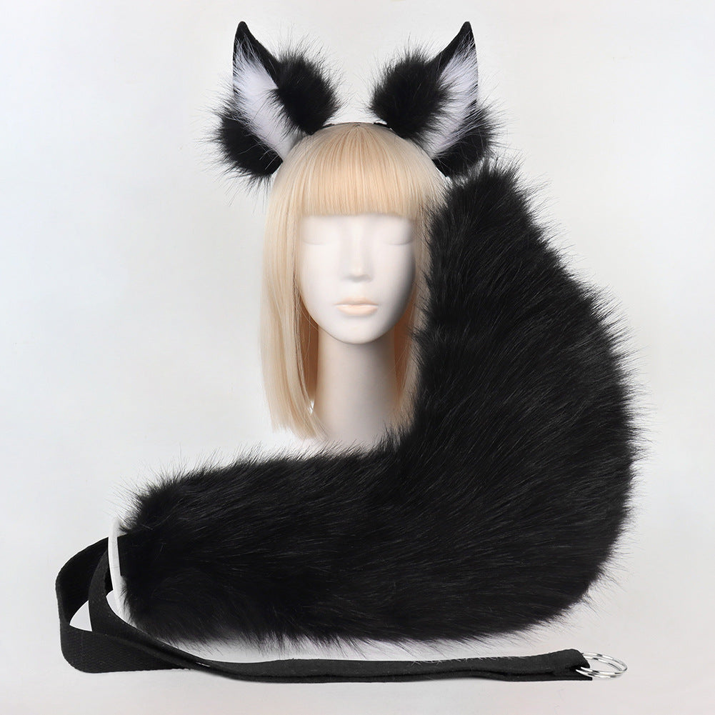 Black Plush Faux Fur Fox Ears Headband and Tail Set - Realistic Animal Costume for Cosplay & Parties